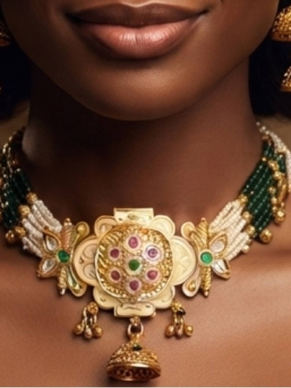Gold and Green Kundan-Style Beaded Choker Necklace with Matching Earrings